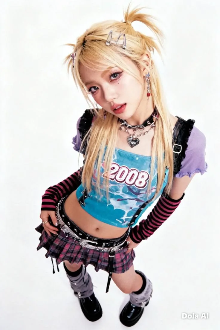 Blonde girl in a colorful Y2K outfit with striped arm warmers and a heart necklace