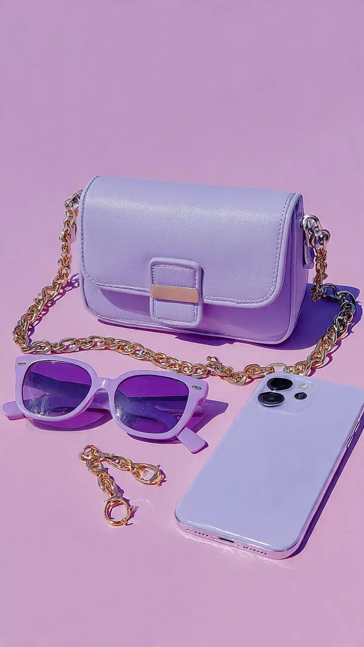 A purple purse, purple iPhone and purple sunglasses